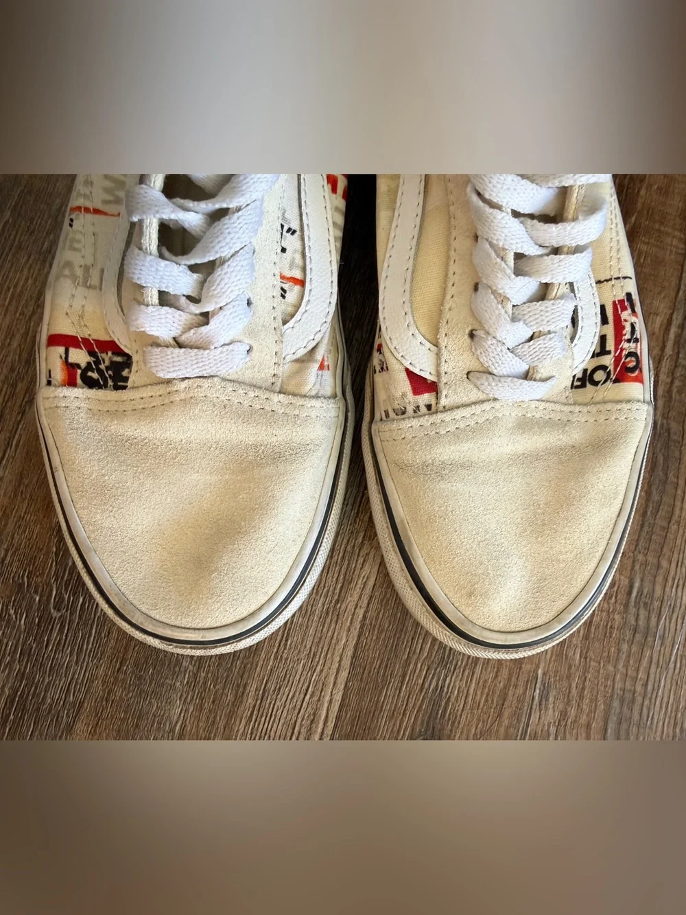 Vans White Canvas Low-Top Sneakers with Red & Black Graphic Accents